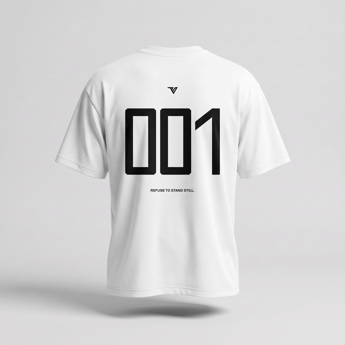 001 Oversized Tee in white, rear view with large 001 back print