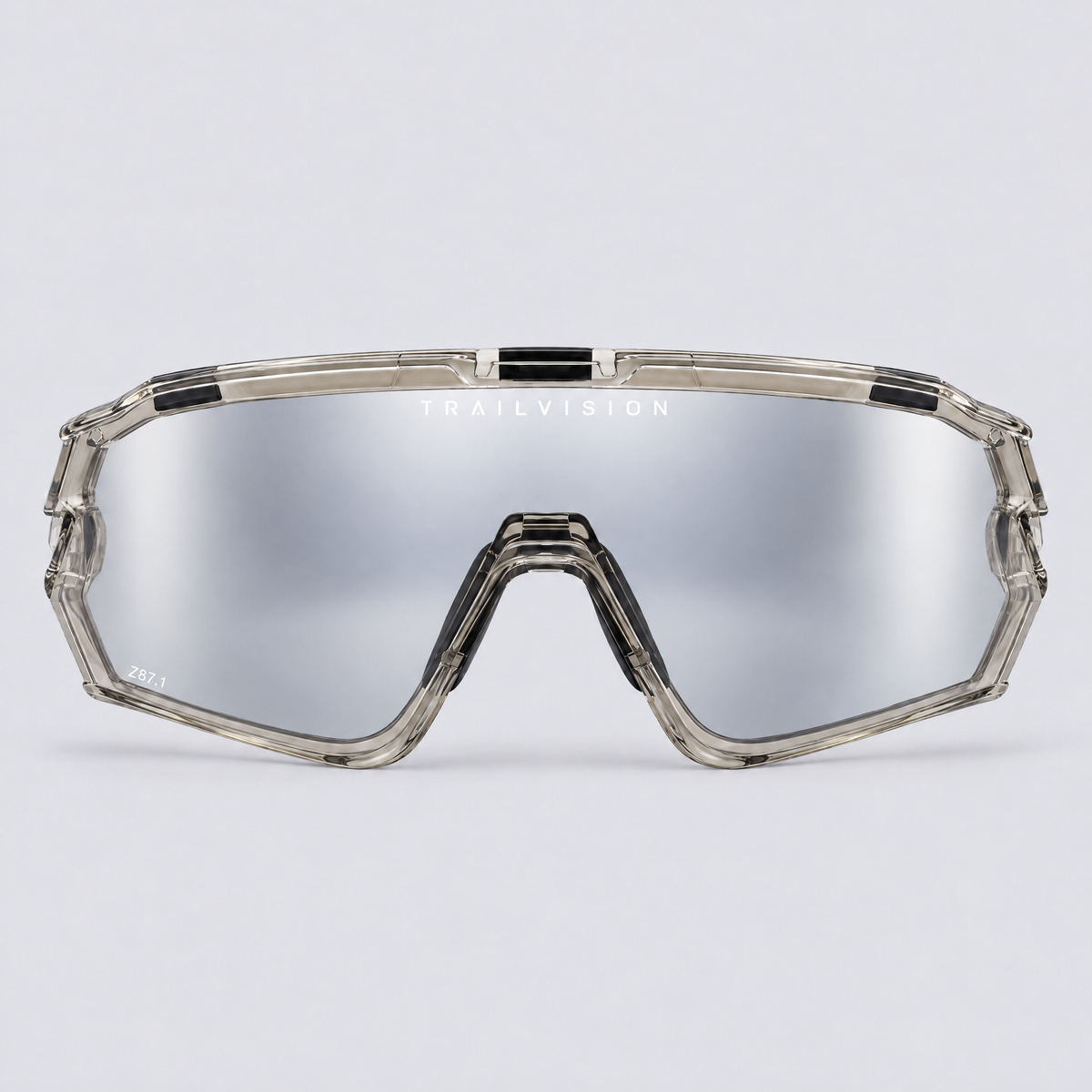 Trailvision Bastion safety glasses – front view with the photochromic lens fully activated to silver
