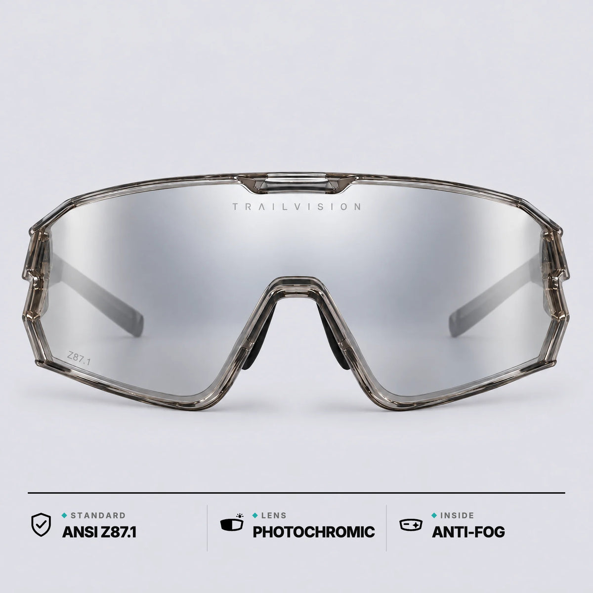 Trailvision Bastion safety glasses front view: ANSI Z87.1, photochromic lens, anti-fog