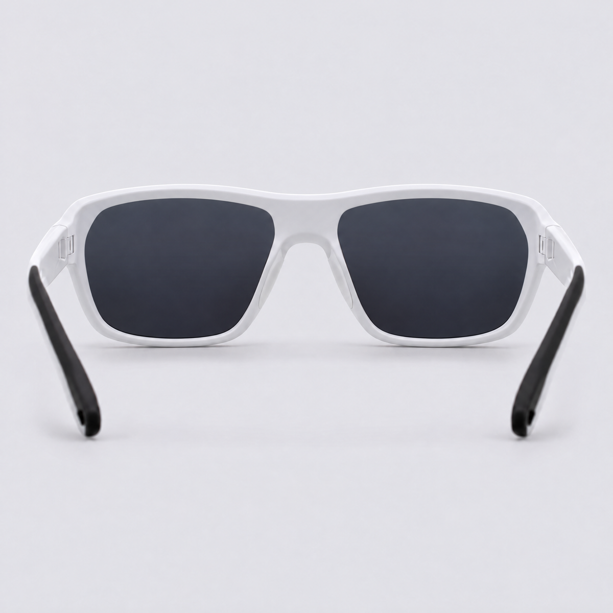 Trailvision Timberline sunglasses, Matte White frame with polarized Ice Blue Mirror lenses, back view