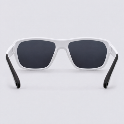 Trailvision Timberline sunglasses, Matte White frame with polarized Ice Blue Mirror lenses, back view