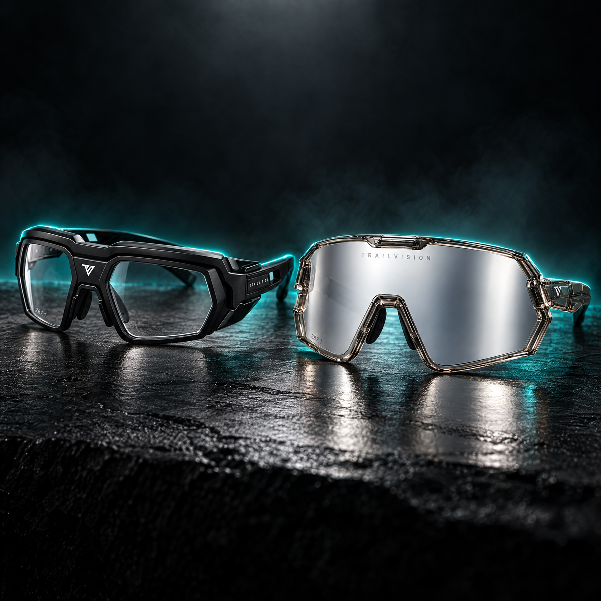 Titan and Bastion safety glasses on black stone with teal rim light