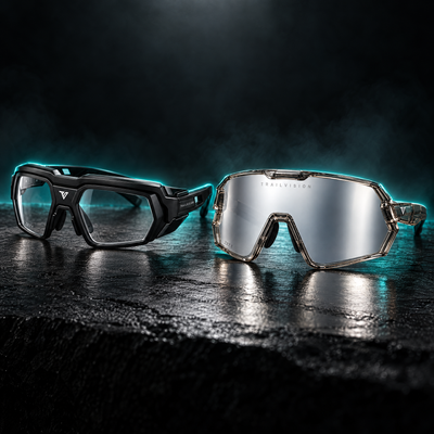 Titan and Bastion safety glasses on black stone with teal rim light
