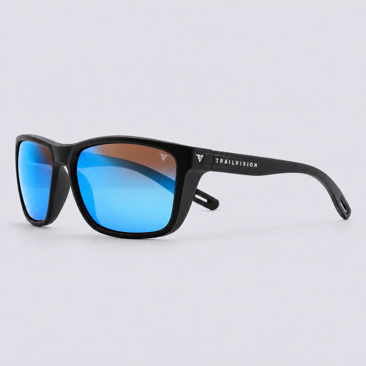 Trailvision Dustline sunglasses, Matte Black frame with polarized Blue Mirror lenses, angle view