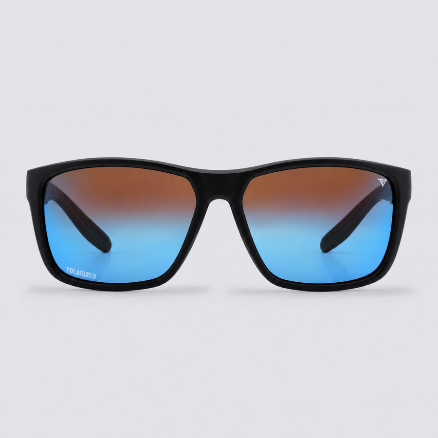 Trailvision Dustline sunglasses, Matte Black frame with polarized Blue Mirror lenses, front view
