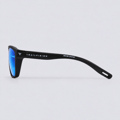 Trailvision Dustline sunglasses, Matte Black frame with polarized Blue Mirror lenses, side view
