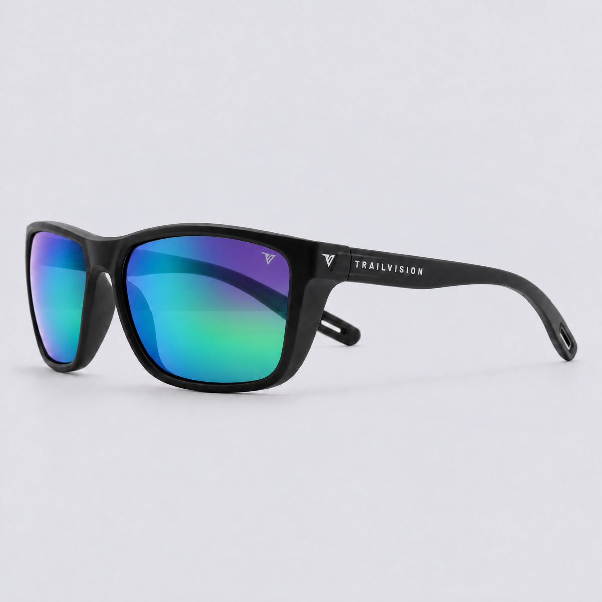 Trailvision Dustline sunglasses, Matte Black frame with polarized Green Mirror lenses, angle view
