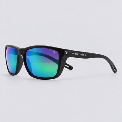 Trailvision Dustline sunglasses, Matte Black frame with polarized Green Mirror lenses, angle view