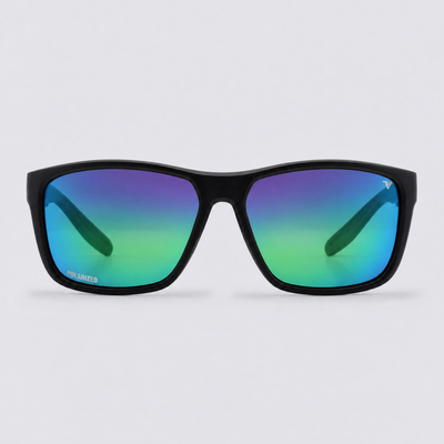 Trailvision Dustline sunglasses, Matte Black frame with polarized Green Mirror lenses, front view