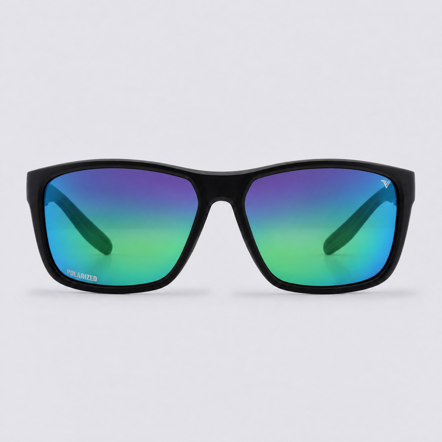 Trailvision Dustline sunglasses, Matte Black frame with polarized Green Mirror lenses, front view