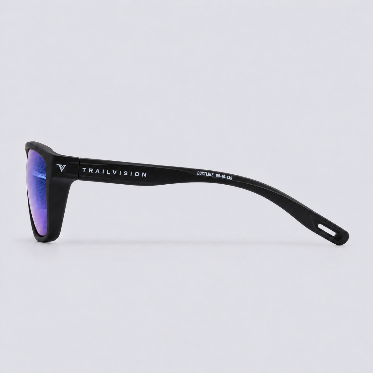 Trailvision Dustline sunglasses, Matte Black frame with polarized Green Mirror lenses, side view