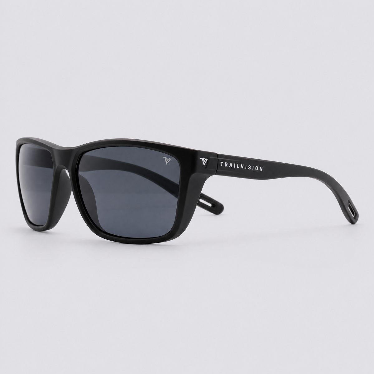 Trailvision Dustline sunglasses, Matte Black frame with polarized Smoke lenses, angle view