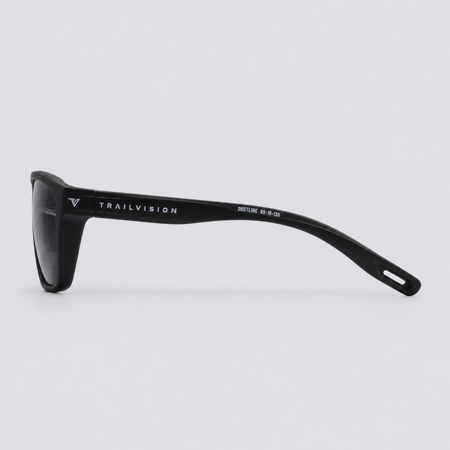 Trailvision Dustline sunglasses, Matte Black frame with polarized Smoke lenses, side view
