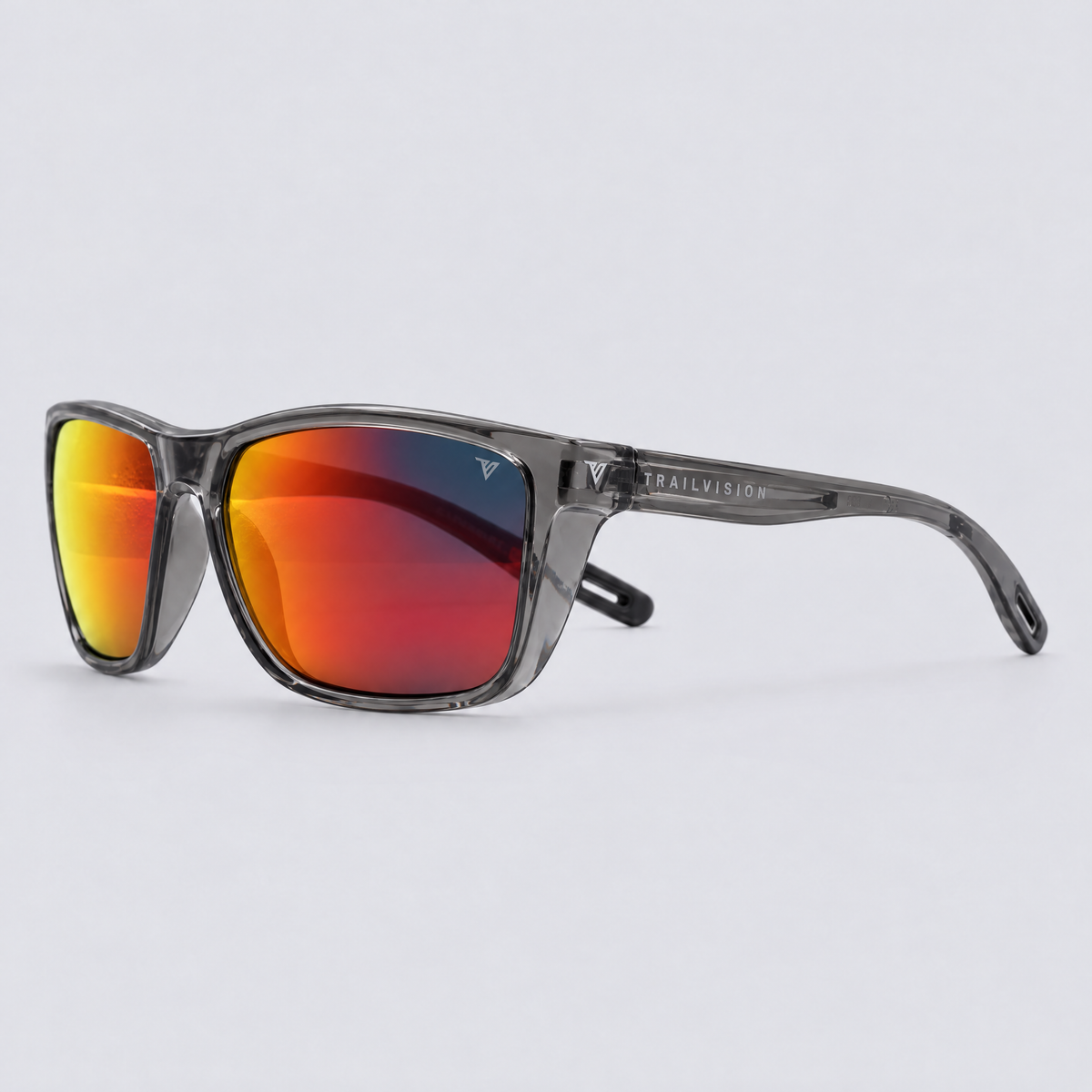 Trailvision Dustline sunglasses, Crystal Dark Grey frame with polarized Red Mirror lenses, angle view