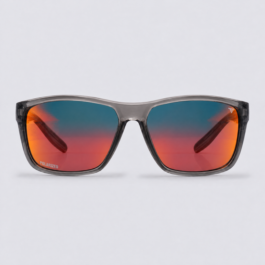Trailvision Dustline sunglasses, Crystal Dark Grey frame with polarized Red Mirror lenses, front view
