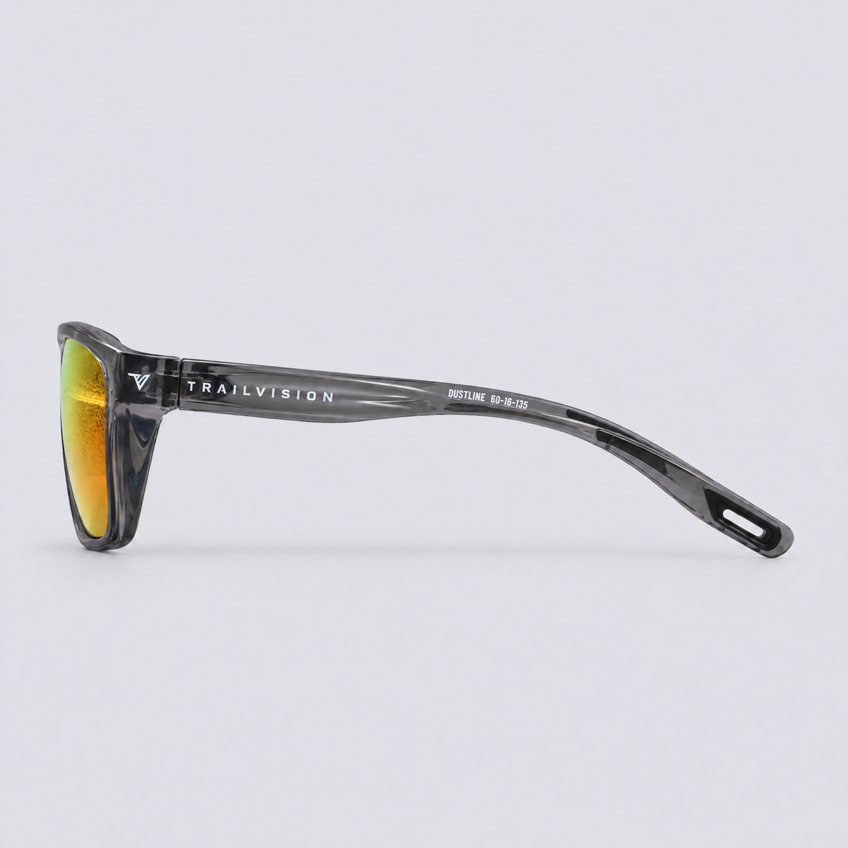 Trailvision Dustline sunglasses, Crystal Dark Grey frame with polarized Red Mirror lenses, side view