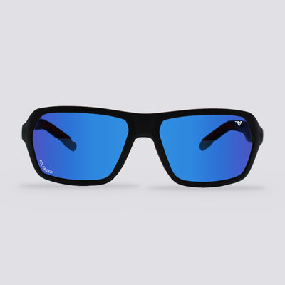 Frontier Matte Black, Polarized Blue Mirror lens, front view