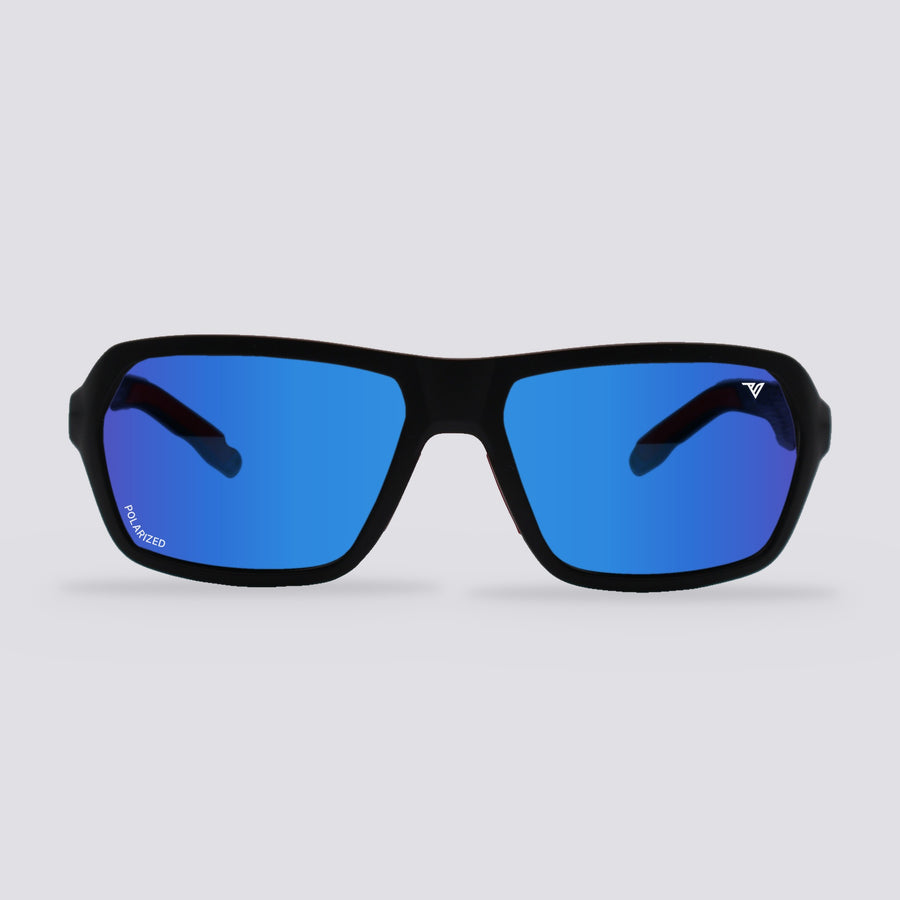 Frontier Matte Black, Polarized Blue Mirror lens, front view