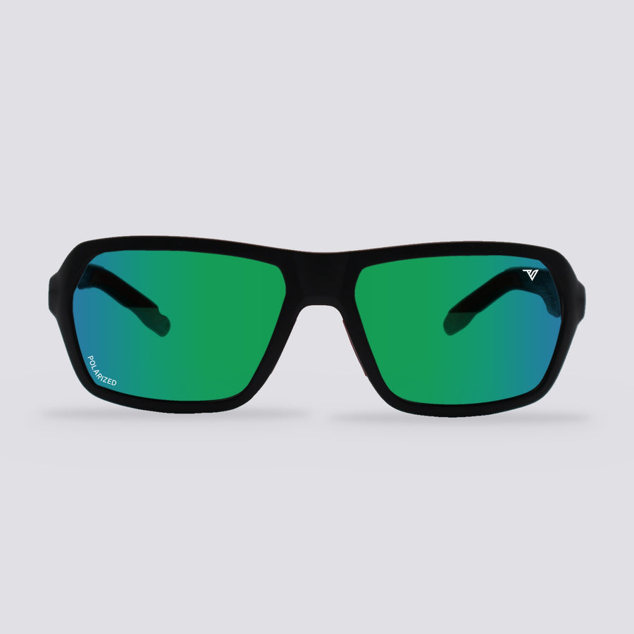 Frontier Matte Black, Polarized Green Mirror lens, front view