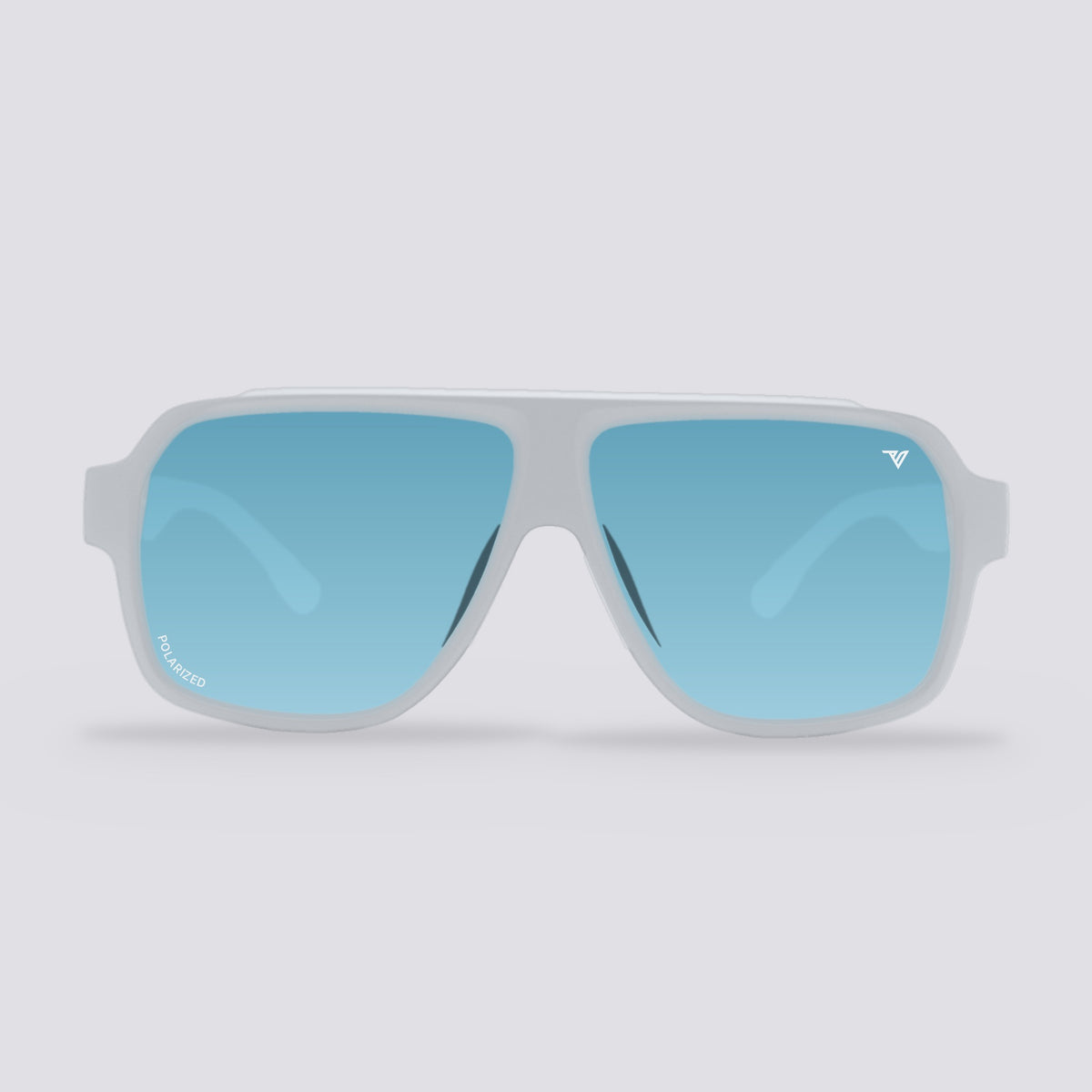 Highland polarized sunglasses, Frosted Clear frame, Ice Blue Mirror lens, front view