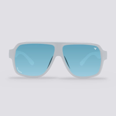 Highland polarized sunglasses, Frosted Clear frame, Ice Blue Mirror lens, front view