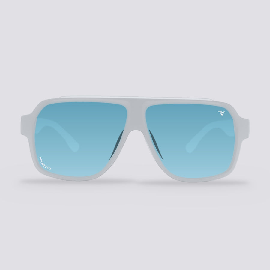Highland polarized sunglasses, Frosted Clear frame, Ice Blue Mirror lens, front view