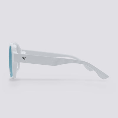 Highland polarized sunglasses, Frosted Clear frame, Ice Blue Mirror lens, side view