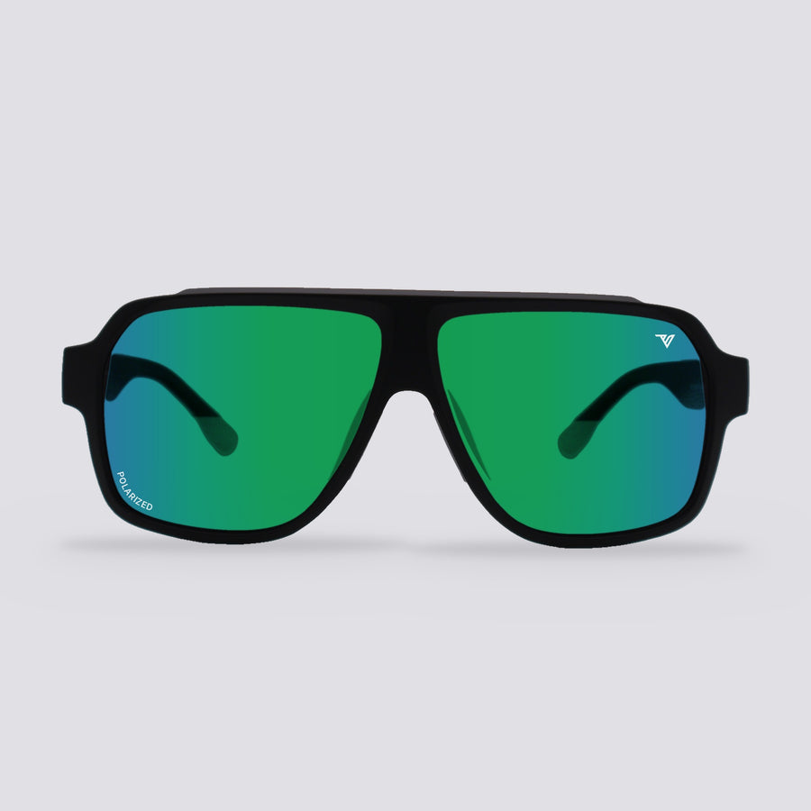 Highland polarized sunglasses, Matte Black frame, Green Mirror lens, front view