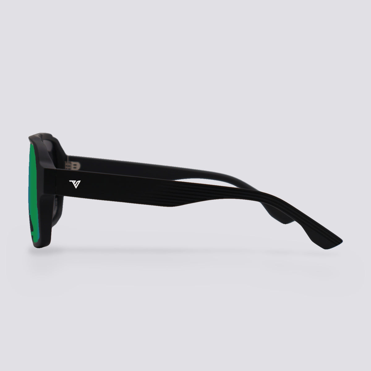 Highland polarized sunglasses, Matte Black frame, Green Mirror lens, side view