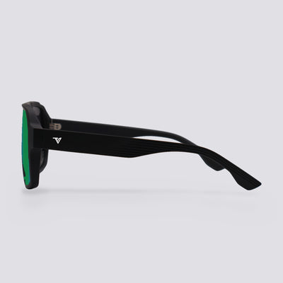 Highland polarized sunglasses, Matte Black frame, Green Mirror lens, side view