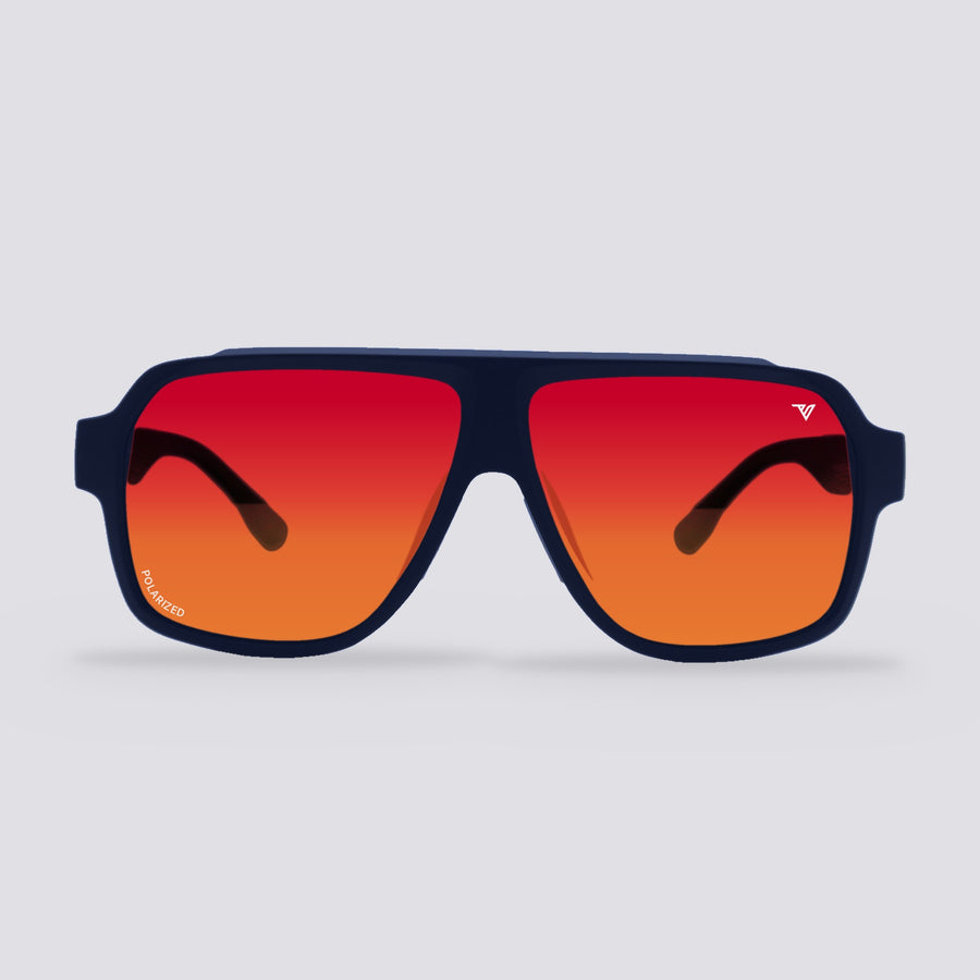 Highland polarized sunglasses, Matte Navy Blue frame, Red Mirror lens, front view