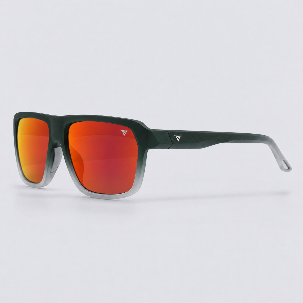Trailvision Northbound sunglasses, Green Fade frame with polarized Red Mirror lenses, angle view
