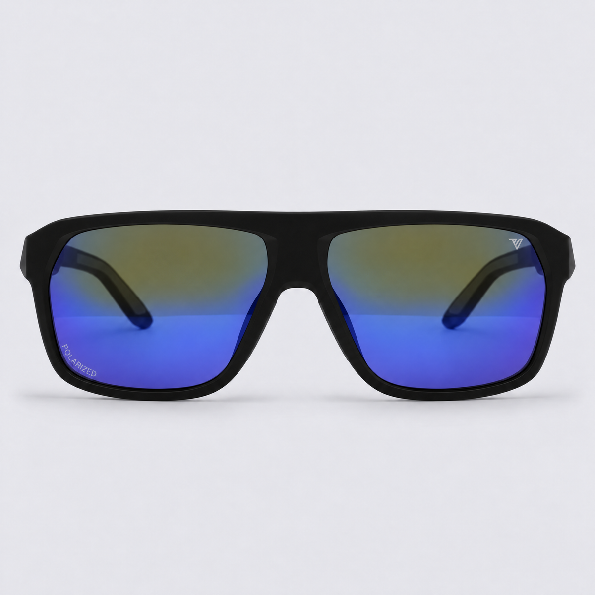 Trailvision Northbound sunglasses, Matte Black frame with polarized Blue Mirror lenses, front view
