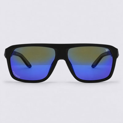 Trailvision Northbound sunglasses, Matte Black frame with polarized Blue Mirror lenses, front view
