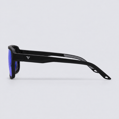 Trailvision Northbound sunglasses, Matte Black frame with polarized Blue Mirror lenses, side view