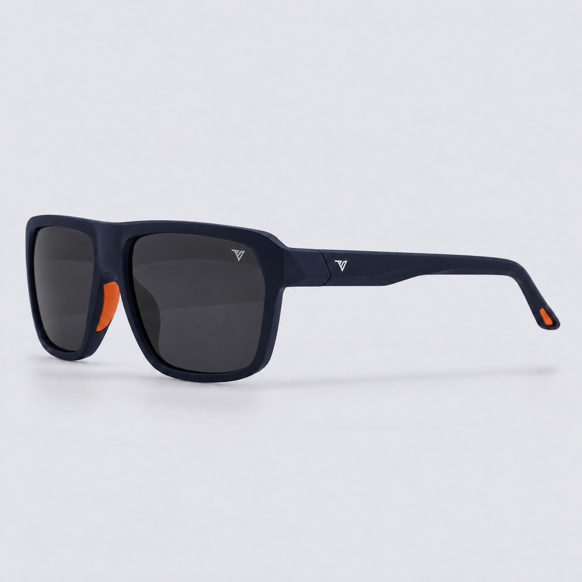 Trailvision Northbound sunglasses, Navy frame with orange accents and polarized Smoke lenses, angle view