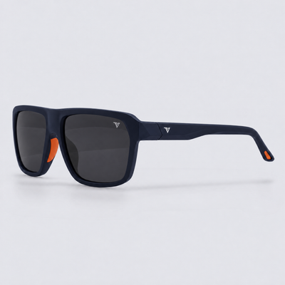 Trailvision Northbound sunglasses, Navy frame with orange accents and polarized Smoke lenses, angle view