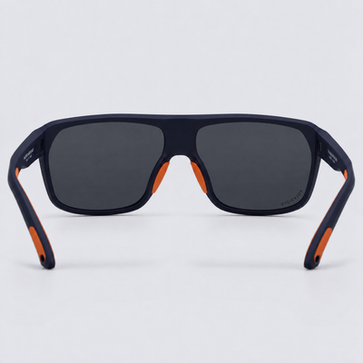 Trailvision Northbound sunglasses, Navy frame with orange accents and polarized Smoke lenses, back view
