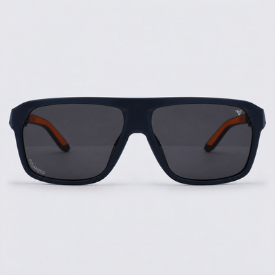 Trailvision Northbound sunglasses, Navy frame with orange accents and polarized Smoke lenses, front view