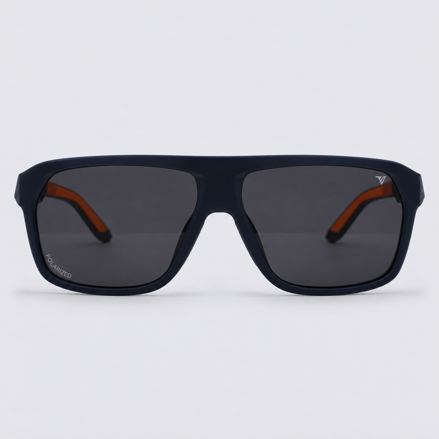 Trailvision Northbound sunglasses, Navy frame with orange accents and polarized Smoke lenses, front view