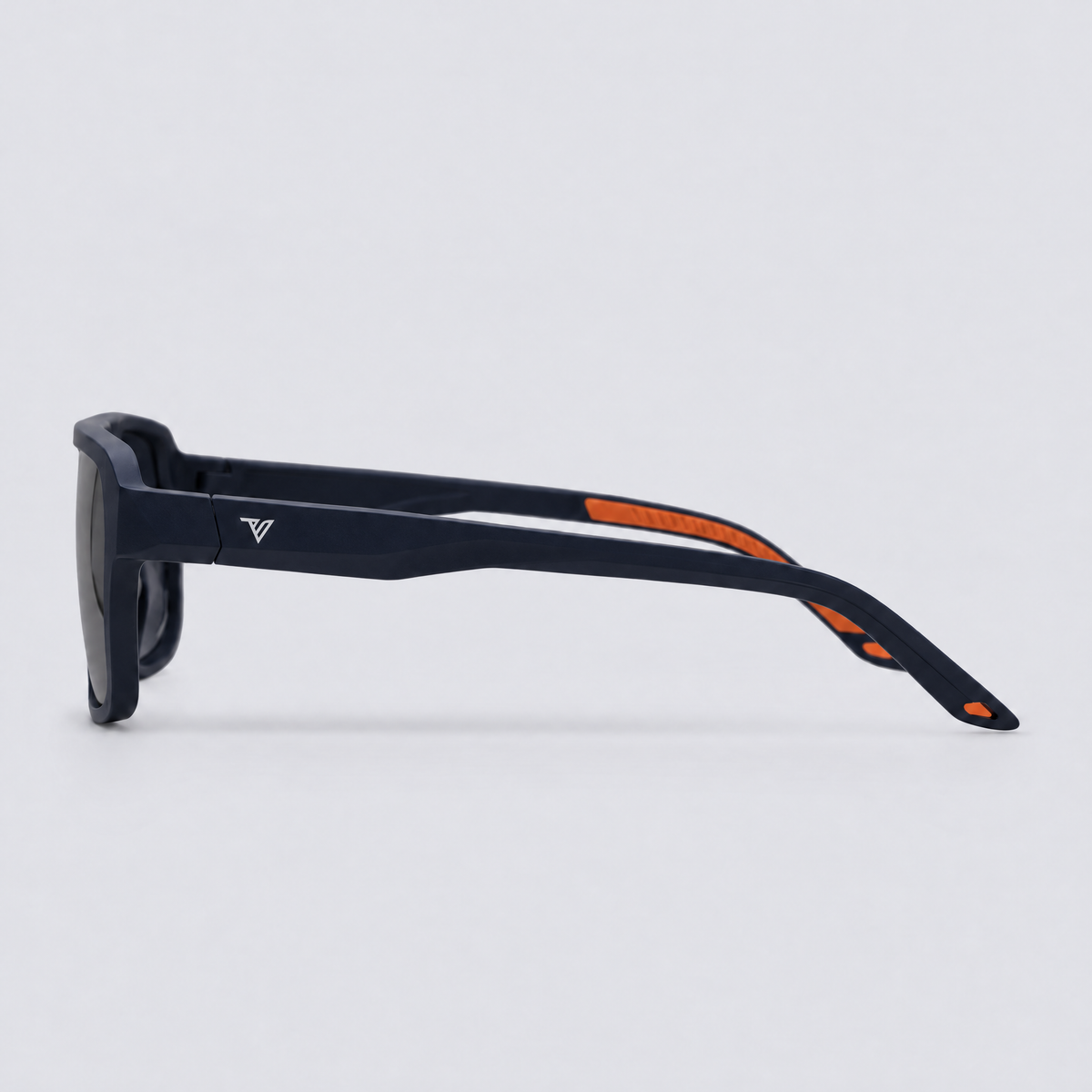 Trailvision Northbound sunglasses, Navy frame with orange accents and polarized Smoke lenses, side view