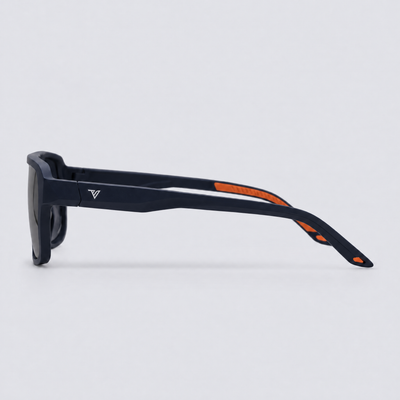 Trailvision Northbound sunglasses, Navy frame with orange accents and polarized Smoke lenses, side view