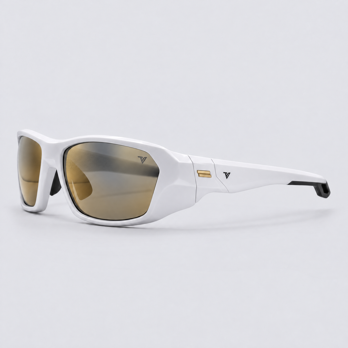 Trailvision Outrider sunglasses, Glossy White frame with polarized Gold Mirror lenses, angle view