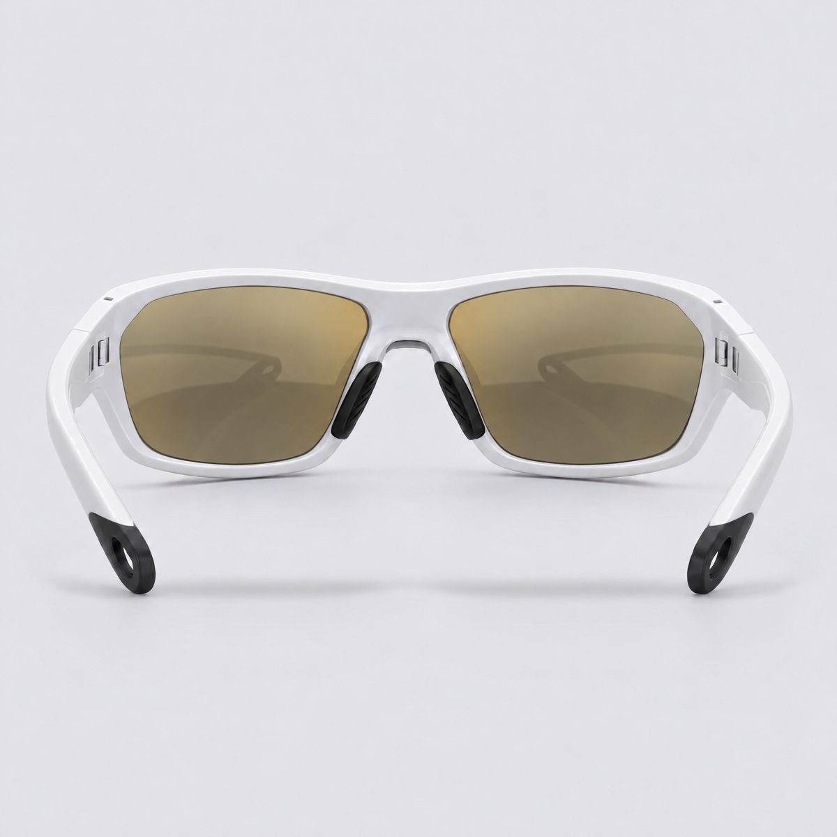 Trailvision Outrider sunglasses, Glossy White frame with polarized Gold Mirror lenses, back view