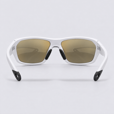 Trailvision Outrider sunglasses, Glossy White frame with polarized Gold Mirror lenses, back view