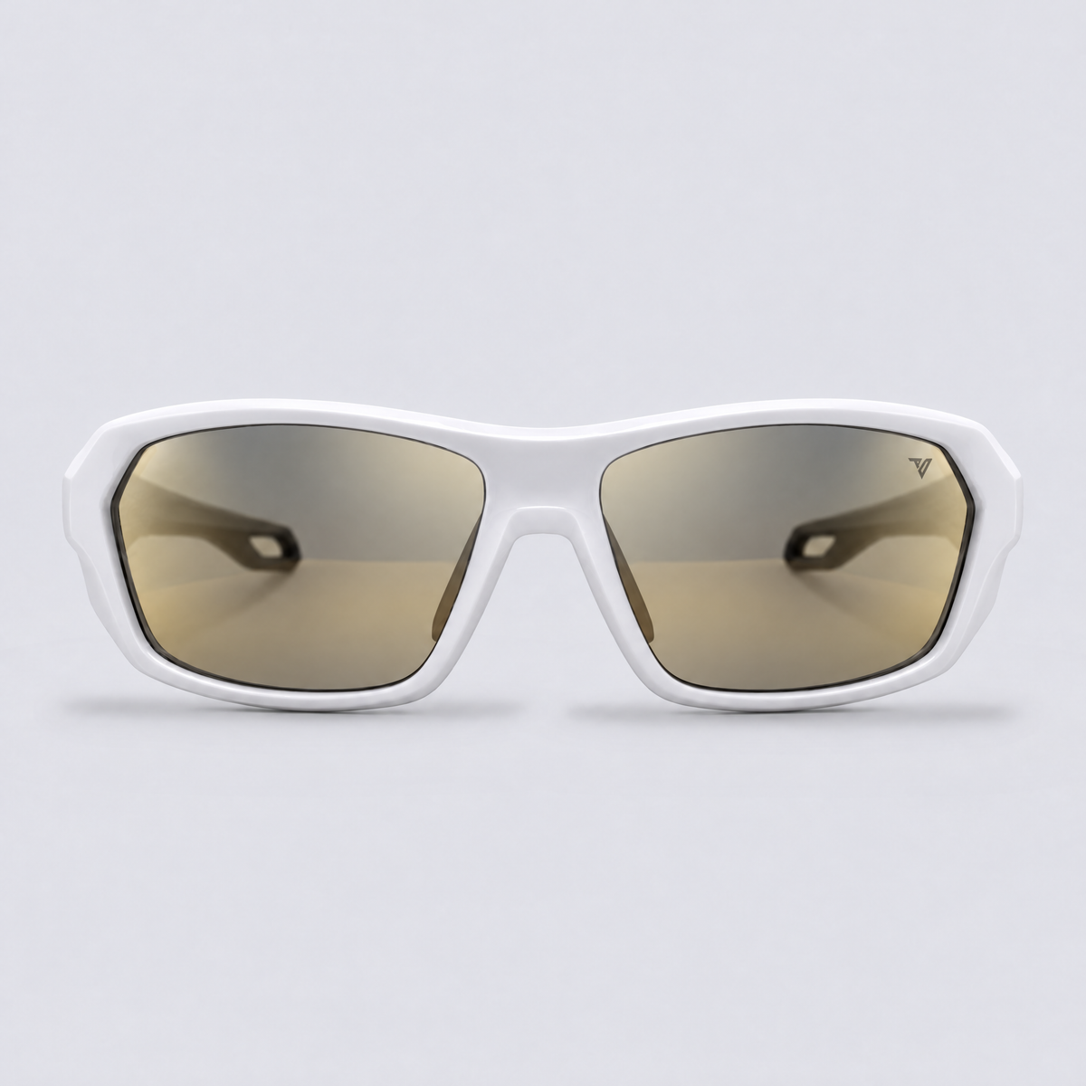 Trailvision Outrider sunglasses, Glossy White frame with polarized Gold Mirror lenses, front view
