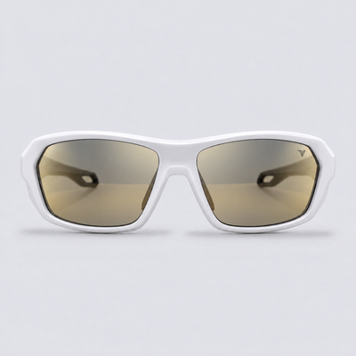 Trailvision Outrider sunglasses, Glossy White frame with polarized Gold Mirror lenses, front view