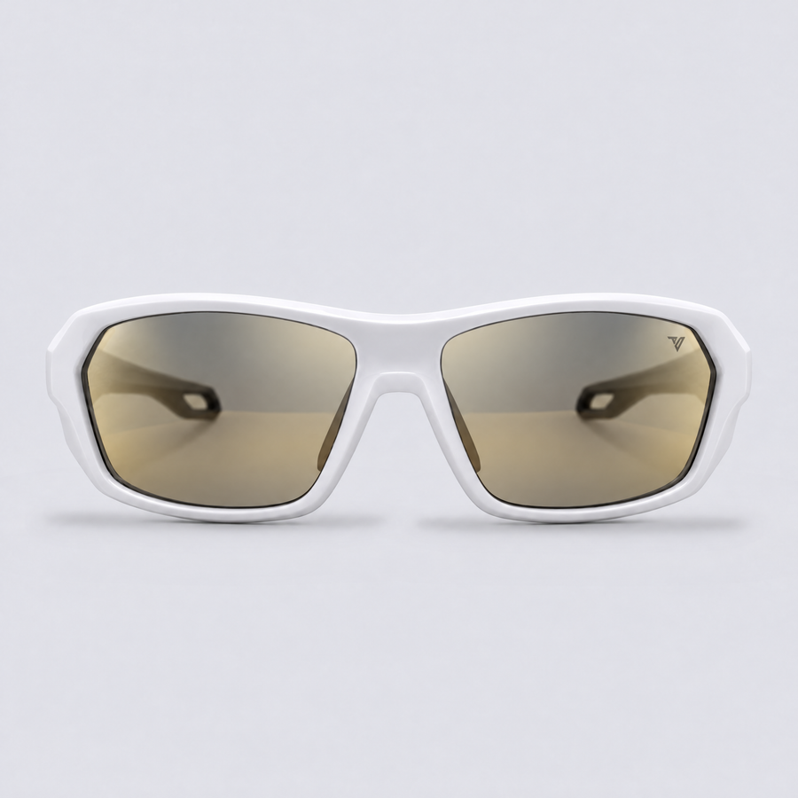 Trailvision Outrider sunglasses, Glossy White frame with polarized Gold Mirror lenses, front view
