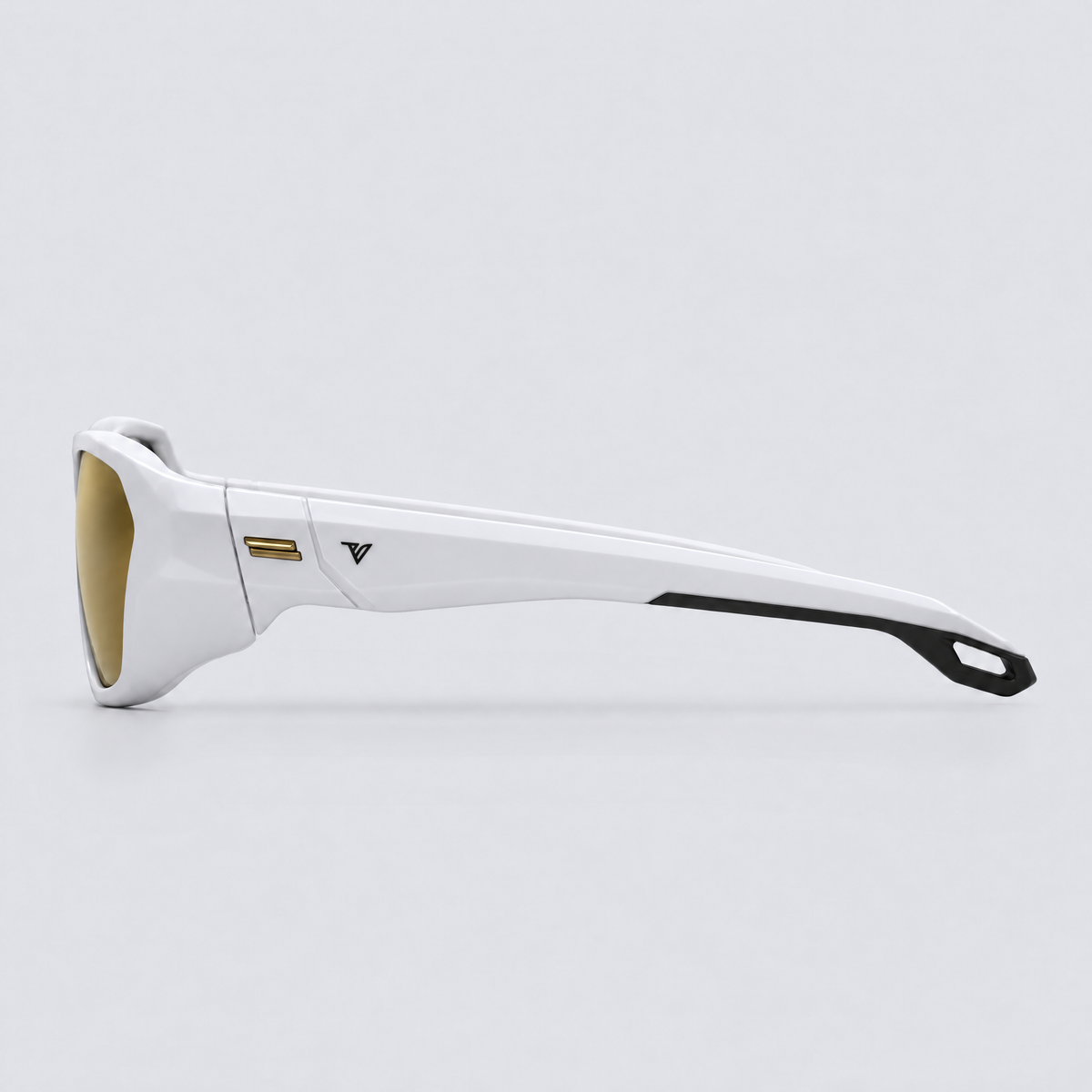 Trailvision Outrider sunglasses, Glossy White frame with polarized Gold Mirror lenses, side view