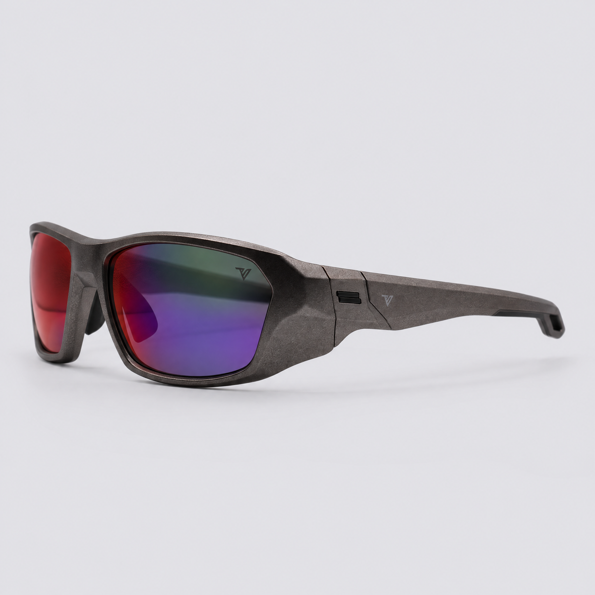 Trailvision Outrider sunglasses, metallic Gunmetal frame with polarized Purple Mirror lenses, angle view